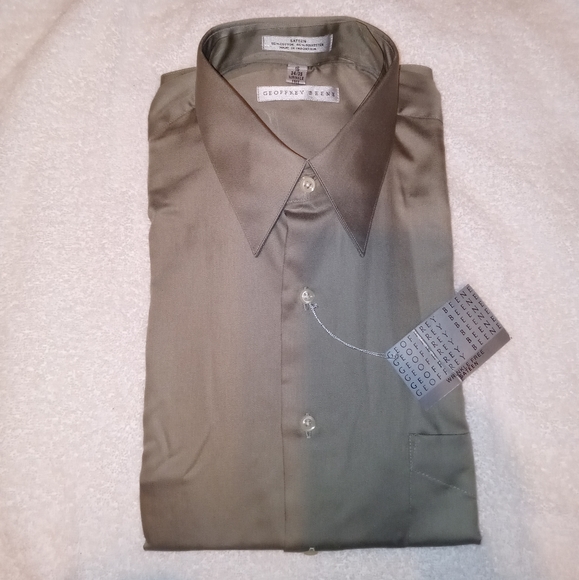 🆕 Geoffrey Beene | Green Sateen Button Down Dress Shirt Size 16 Neck - Picture 12 of 12